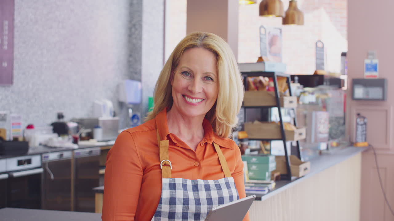 Portrait Of Female Owners Or Workers In Coffee Shop Or Restaurant Using Digital Tablet