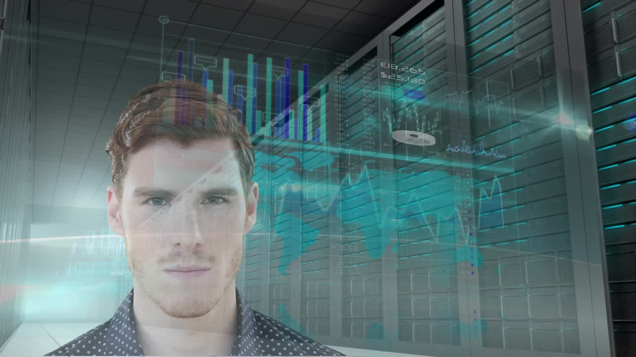 Animasjon av databehandling over en forretningsmann og dataservere