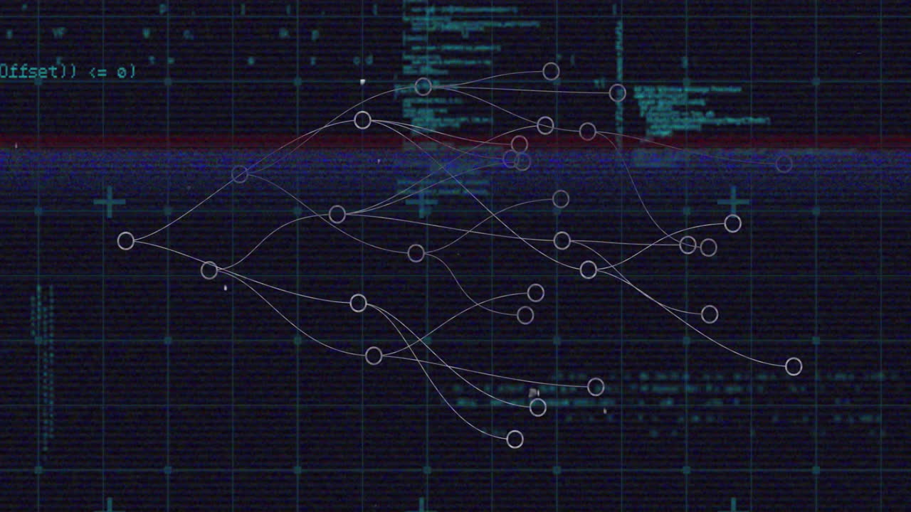 Animation of complex network diagram with digital data in school coding interface