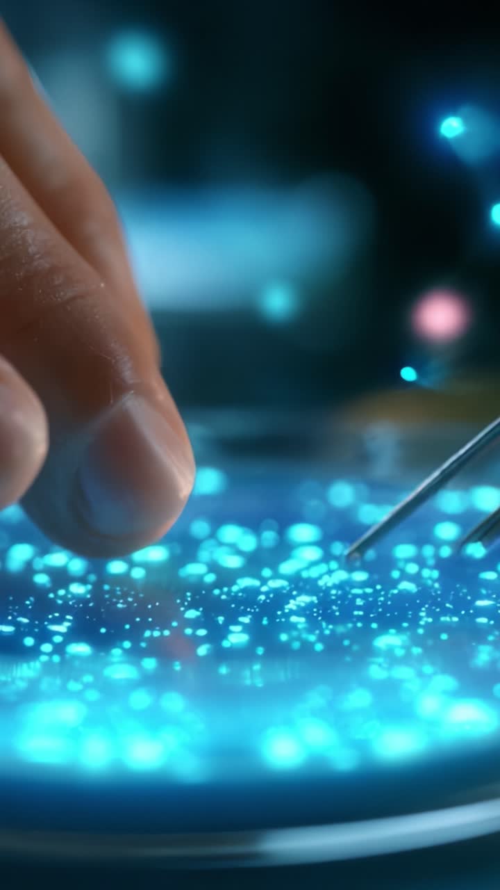 Primo piano di una mano che maneggia abilmente particelle luminose su una superficie, dimostrando precisione e innovazione tecnologica in un ambiente futuristico