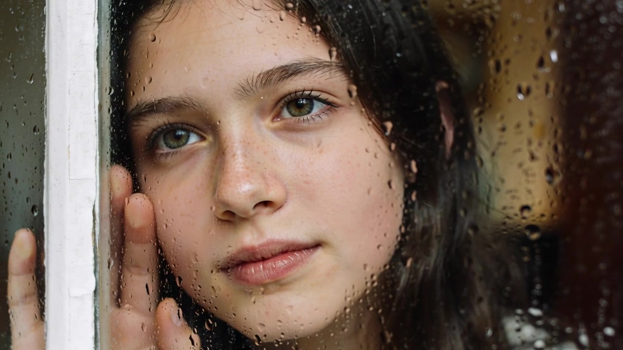 Gazing teen girl pressing left hand to white frame, shifting as rain falls at home, reflecting