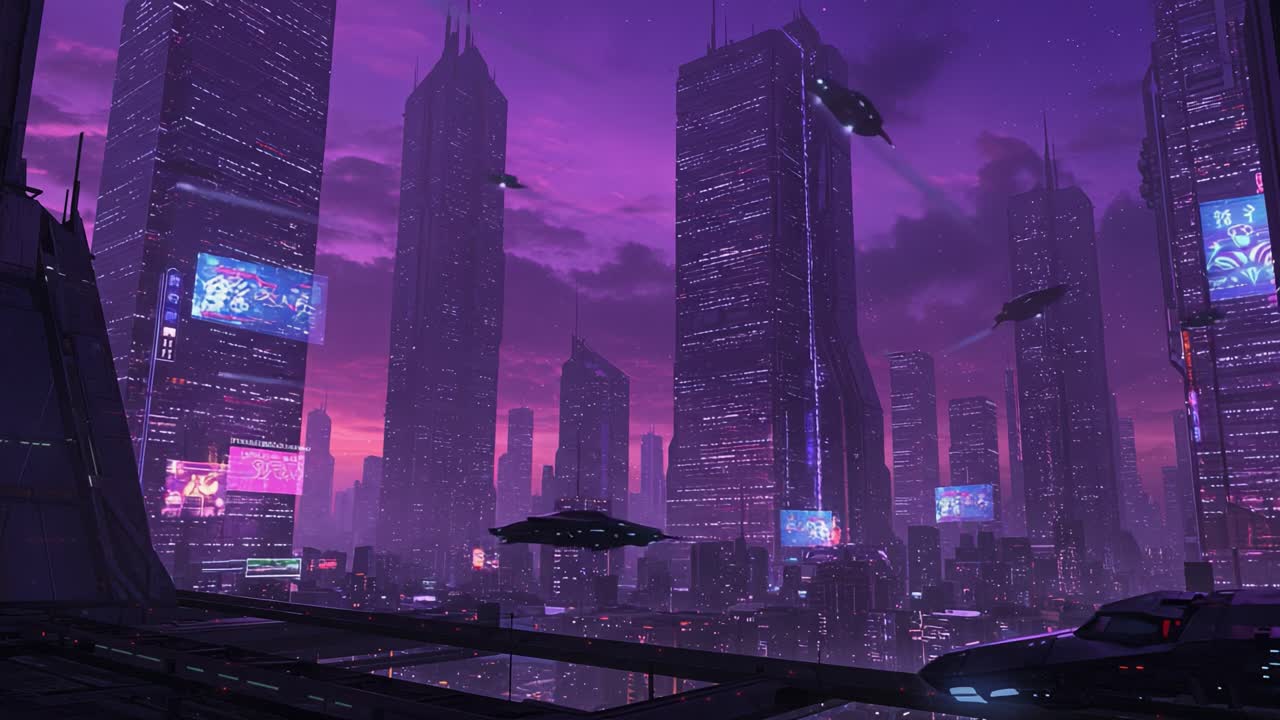 A Stunning Futuristic Cityscape Bathed in Purple Hues: Explore a Neon-Drenched Skyline with Hovering Vehicles Against a Dazzling Vibrant Dusk Background