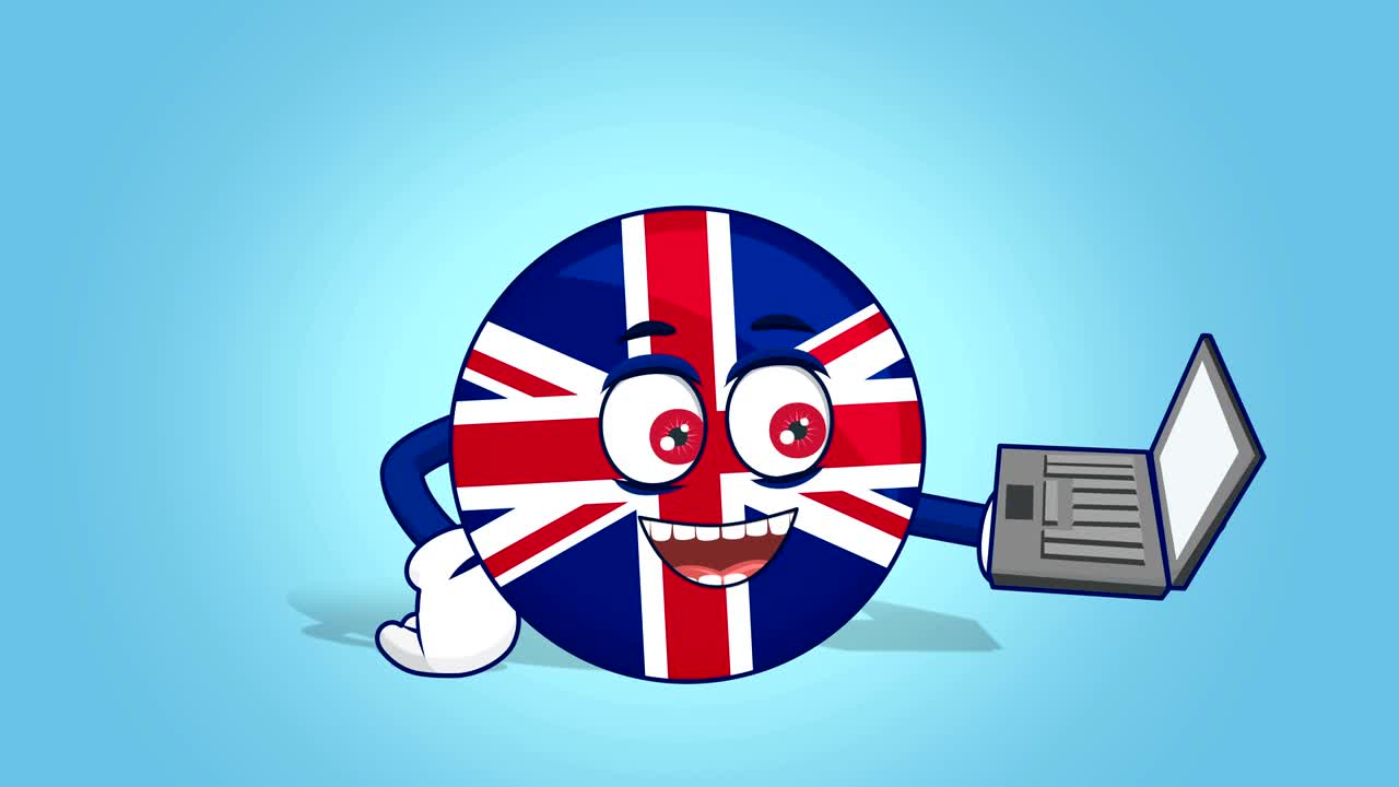 Cartoon Great Britain United Kingdom  Work in Laptop with Face Animation with Alpha Matte