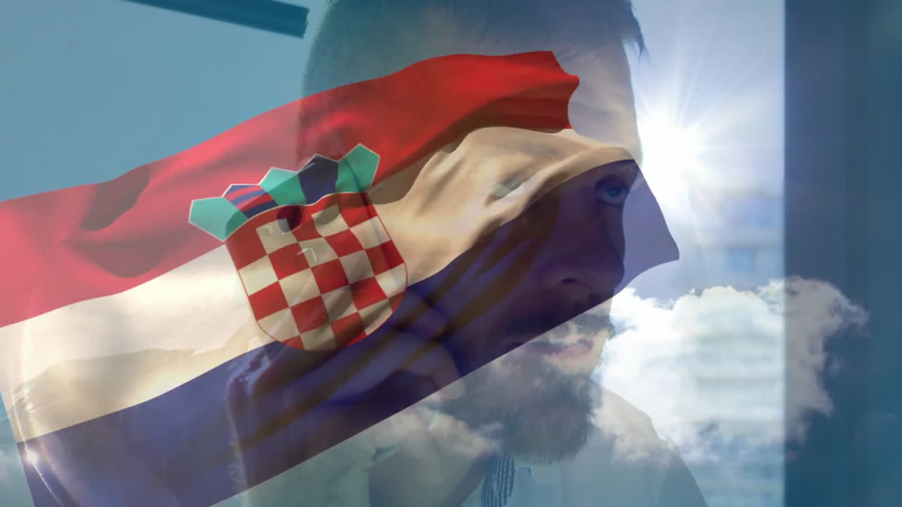 Talking on phone, man with Croatian flag animation in bright sunlight