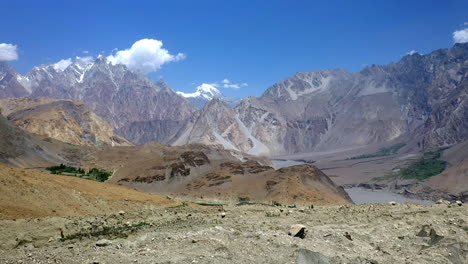 wide drone shot of passu cones pakistan, cinematic wide revealing aerial shot