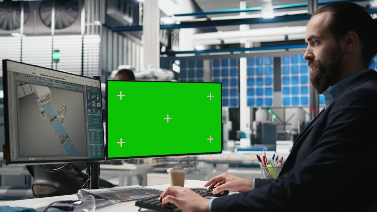 Engineer working with computer and green screen in industrial setting