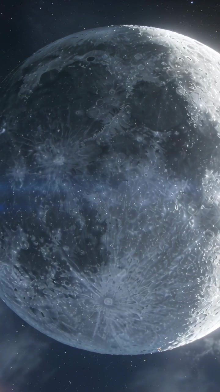 Vídeo vertical: Rastreamento iniciando, Lua girando em órbita, revelando cratera radial e faixa de luz