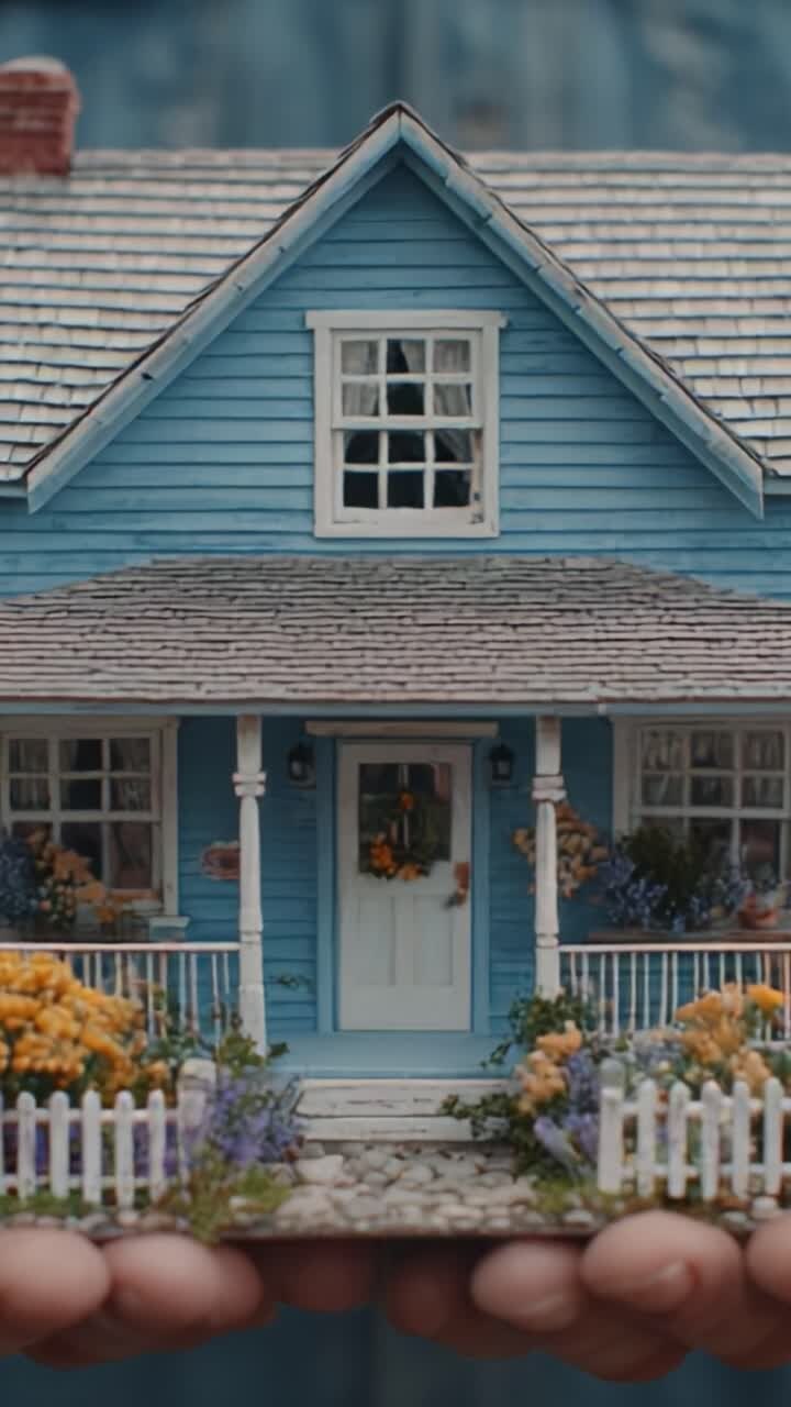 Gros plan détaillé d’une magnifique maison bleue miniature avec des jardins fleuris luxuriants et un charmant porche, parfaite pour l’exposition et la décoration