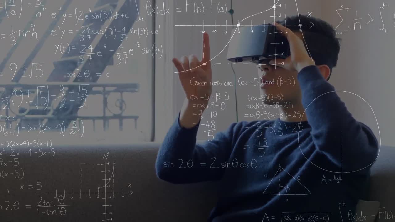 헤드 ⁇ 을 착용한 사람 위에 수학적 그림과 방정식의 애니메이션