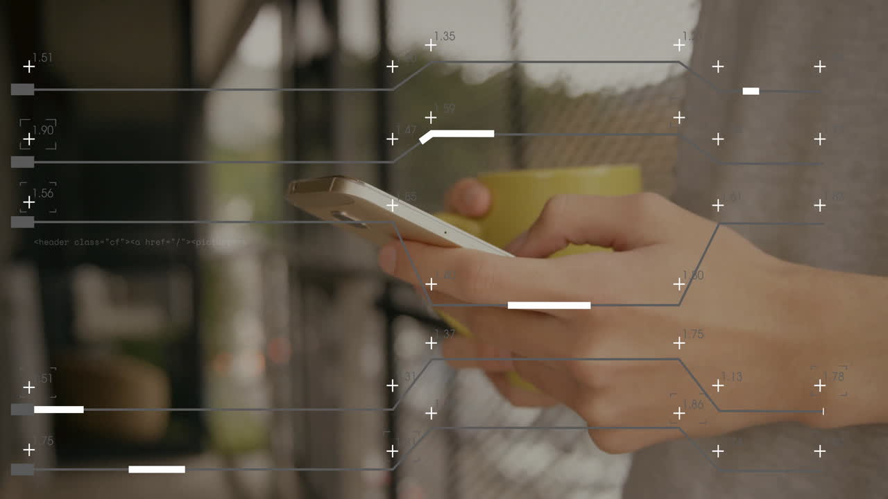 Hands holding smartphone and mug in modern tech café, showing moving data bars and plus signs