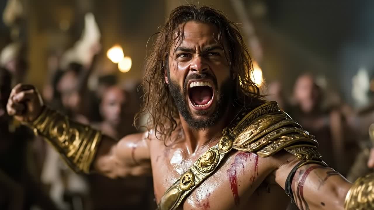 A man with long hair and a beard in a scene from the movie Aquaman