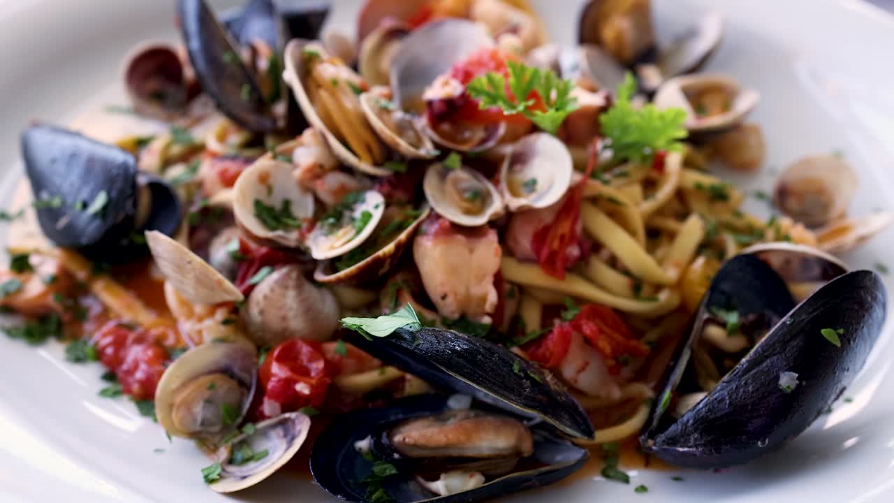 Delicious seafood pasta with mussels and shrimp