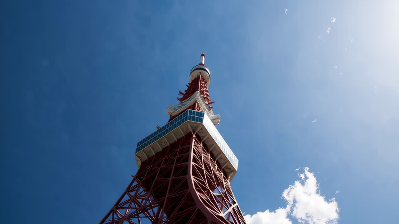 Views of the iconic Tokyo Tower from unique low-angle perspectives against a blue sky