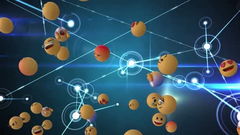 digital animation of multiple face emojis floating against glowing network of connections