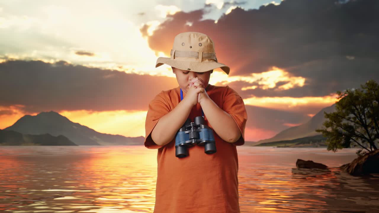 niño asiático con un sombrero y binoculares orando por algo en un lago. niño investigador examina algo, concepto de aventura de turismo de viaje