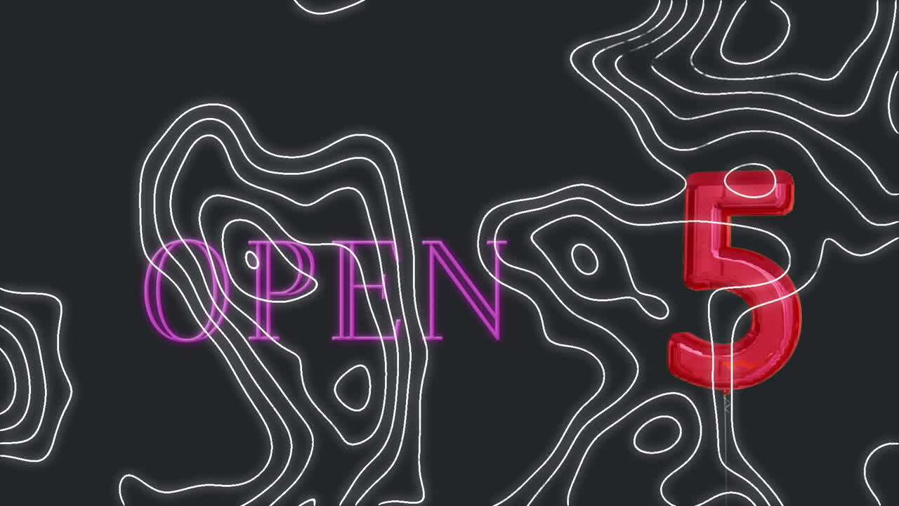 검은 바탕에 5 개의 풍선으로 열린 텍스트의 애니메이션