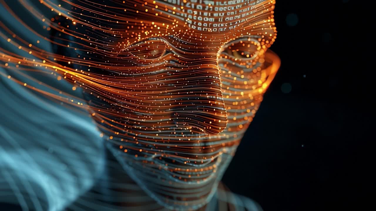 A stunning visual representation showcasing a dynamic human face with flowing lines of light, symbolizing the essence of digital transformation and the interplay between humanity and technology