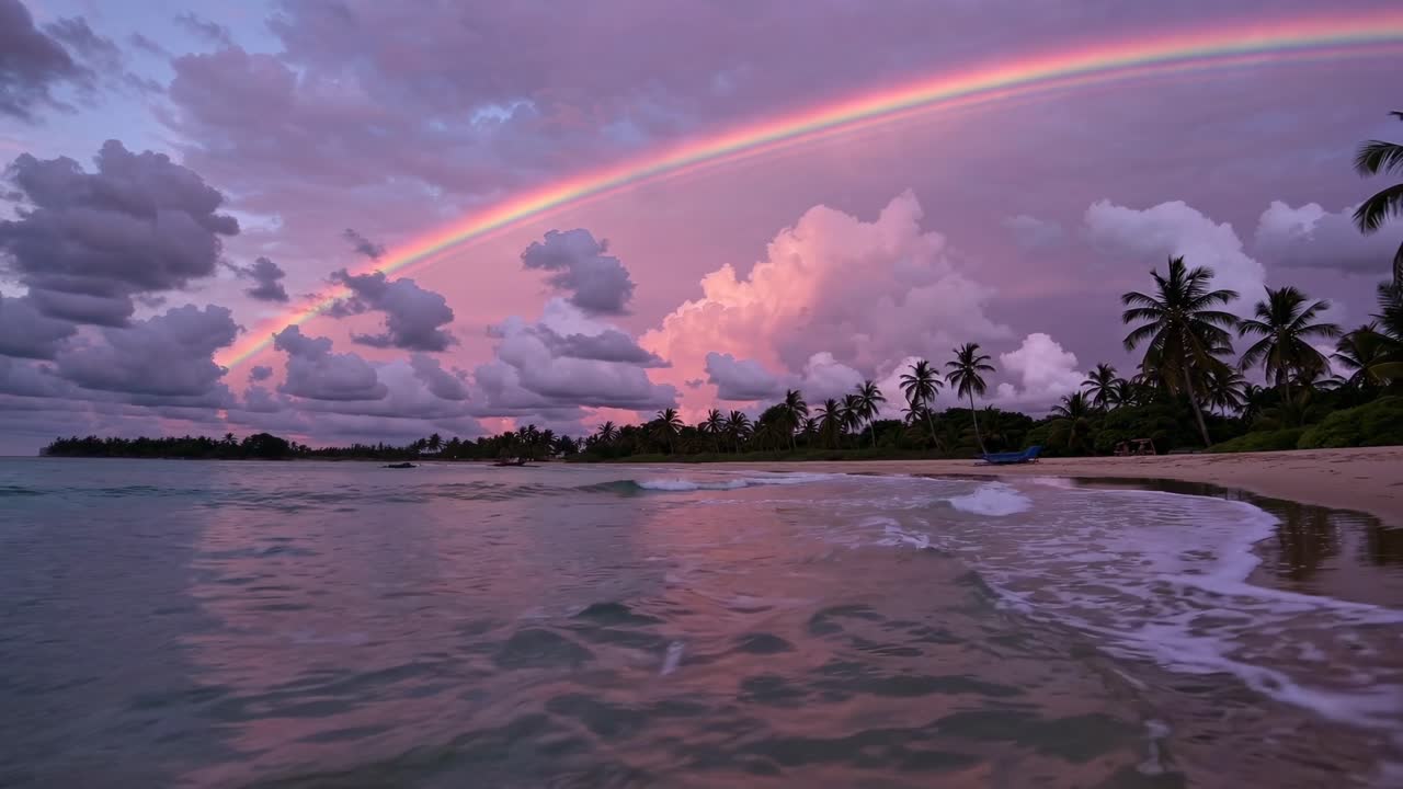 Wide-angle video shot of a serene beach at sunset, featuring a vibrant rainbow arching over palm