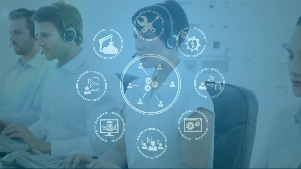 animación de la red de conexiones con iconos sobre personas de negocios que usan auriculares telefónicos