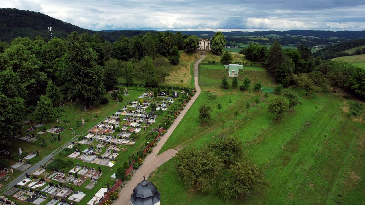 Fly across the cemetery in the Moravian town of Třebíč to the altar called Křížový vrch
