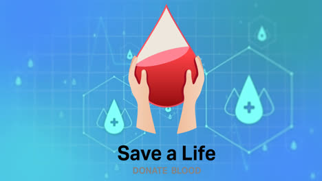 animation of medical icons and hands holding blood drop with donate blood text on blue background