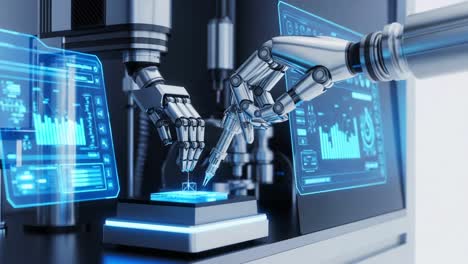 a futuristic interaction between advanced robotics and data analysis, showcasing mechanical precision and sophisticated technology in a high-tech laboratory environment