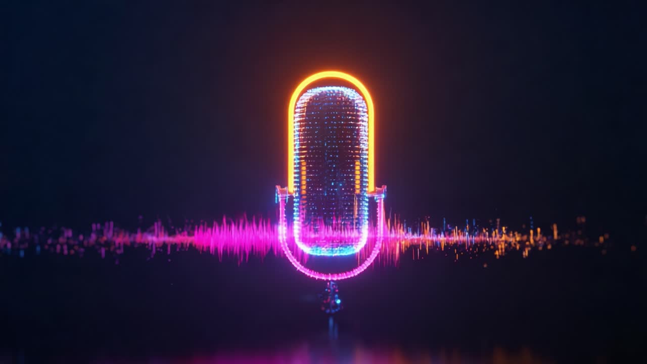 A Vibrant Microphone with Colorful Neon Lights and a Dynamic Soundwave in the Background, Representing Audio Excellence and Creative Expression in a Modern Digital Space