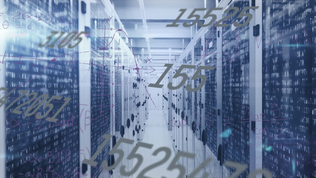 Animasjon av matematiske ligninger og databehandling over serverrom
