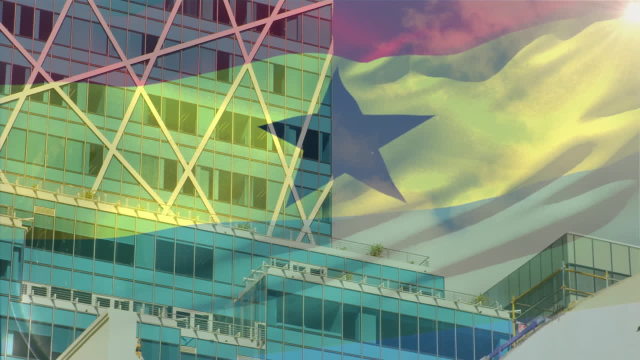 Glass tower reflecting American flag overlay, glowing under sun flare with braces in flat design