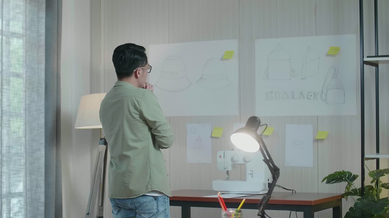 vista trasera del diseñador asiático mirando el papel de boceto de diseño de la bolsa en la pared