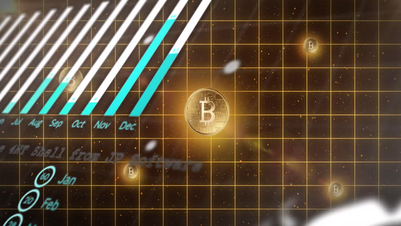 검은 바탕에 데이터 처리 및 비트코인의 애니메이션