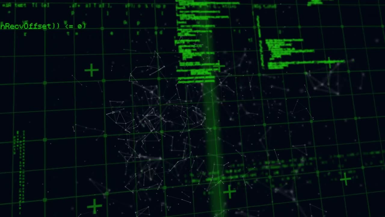 Animation of data processing and network of connections over grid