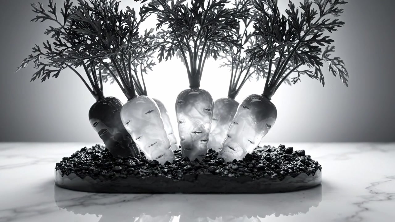 Artistic Display of Frozen Carrots with Green Foliage Captured in a Minimalist Black and White Setting on a Marble Surface Reflecting Unique Visual Elements