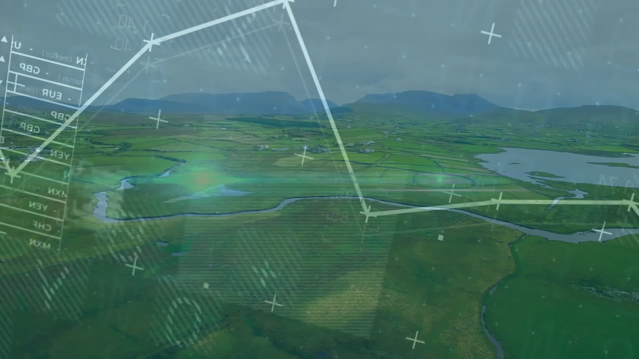 Aerial farmland and wetlands displaying finance data overlay, with currency codes and graphs