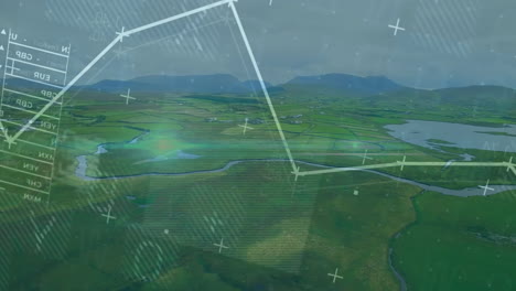 aerial farmland and wetlands displaying finance data overlay, with currency codes and graphs