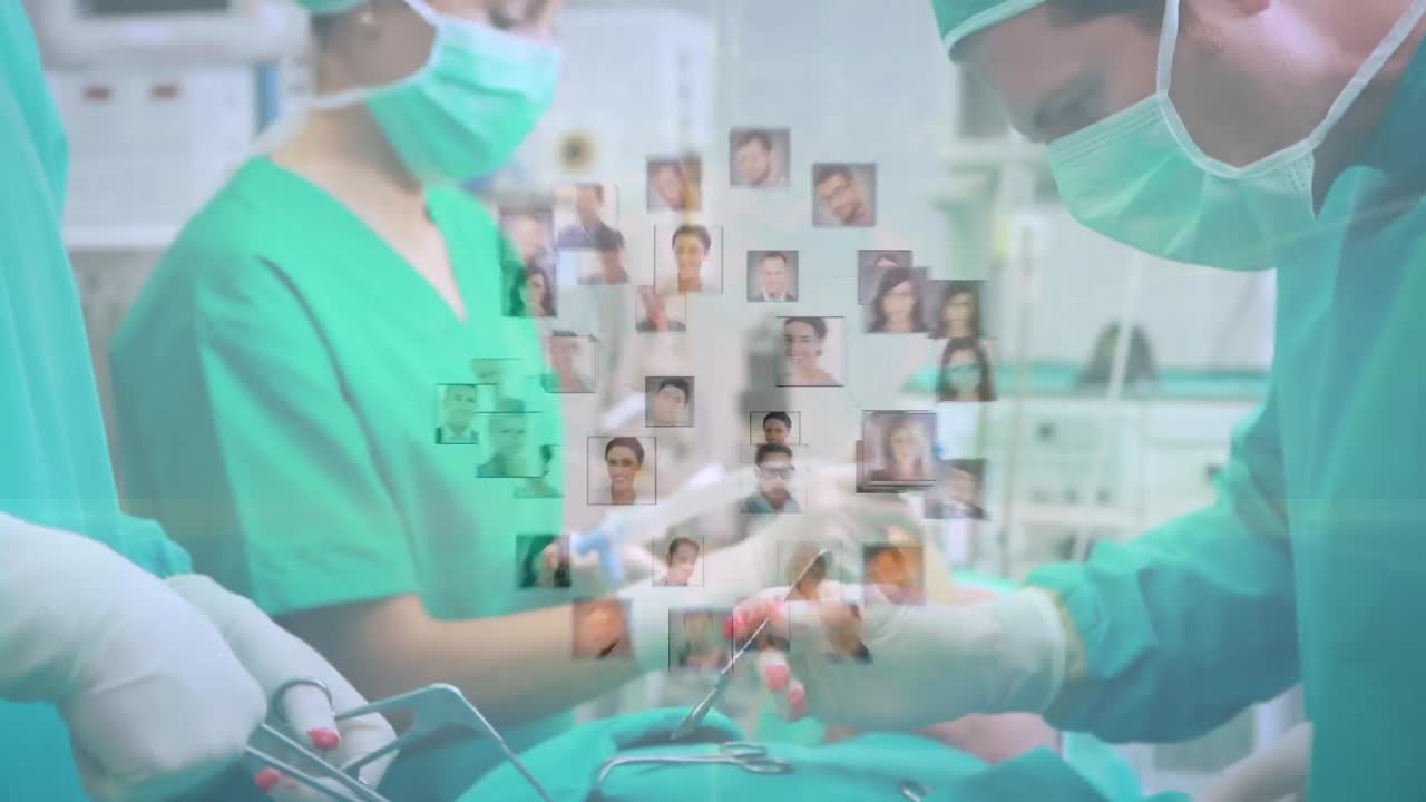 globo de iconos de perfil contra un grupo de cirujanos que realizan una operación en la sala de operaciones