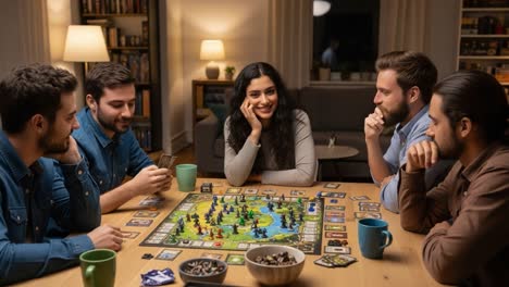 an engaging game night: friends strategically compete over a colorful board game, sharing laughter and friendly rivalry in a cozy atmosphere