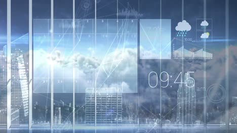 animación de un sitio web meteorológico con nubes que se mueven sobre un paisaje urbano