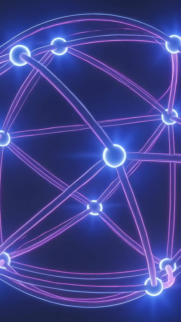 Vertical video: On play turning neon sphere in void showing flow along purple arcs with lit nodes