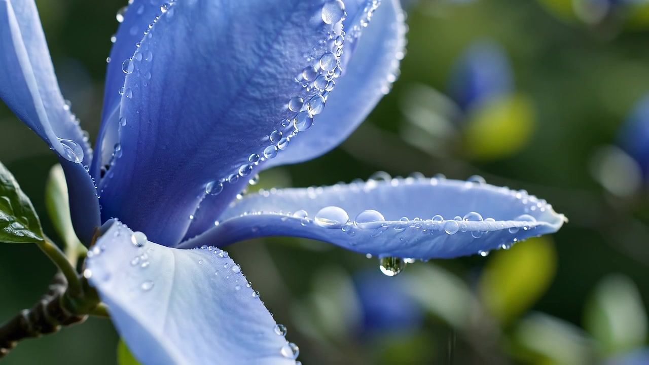 Macro di petali di fiore blu con gocce di rugiada cristalline
