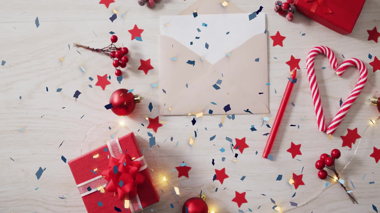 Animation of christmas decorations with confetti on white background