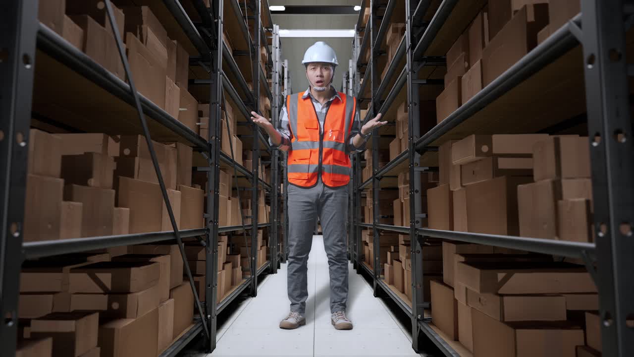 cuerpo lleno de ingeniero masculino asiático con casco de seguridad de pie en el almacén con estantes llenos de mercancías de entrega. preguntándose y diciendo por qué trabajar dudosamente en el almacenamiento