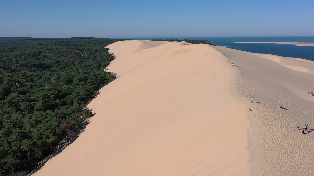 descripción general de dune du pilat sandhill en arcachon bassin francia con gente caminando a lo largo de la cresta superior, tiro aéreo