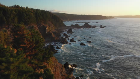 épico-Frente-Dolly-Océano-Pacífico-Costa-Chile-Bosque-Acantilado-Atardecer-Verano-Olas-Pinos