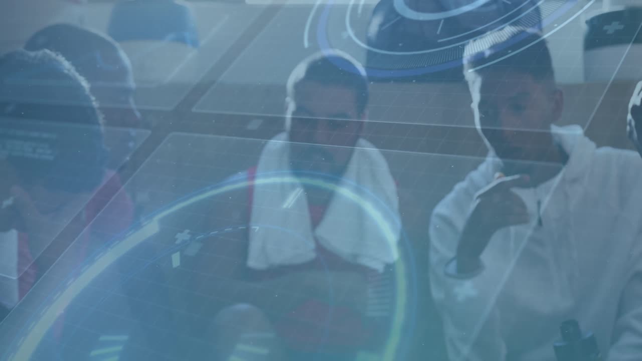 다양한 남자 스포츠 팀이 드레싱 에서 대화하는 인터페이스 처리 데이터의 애니메이션