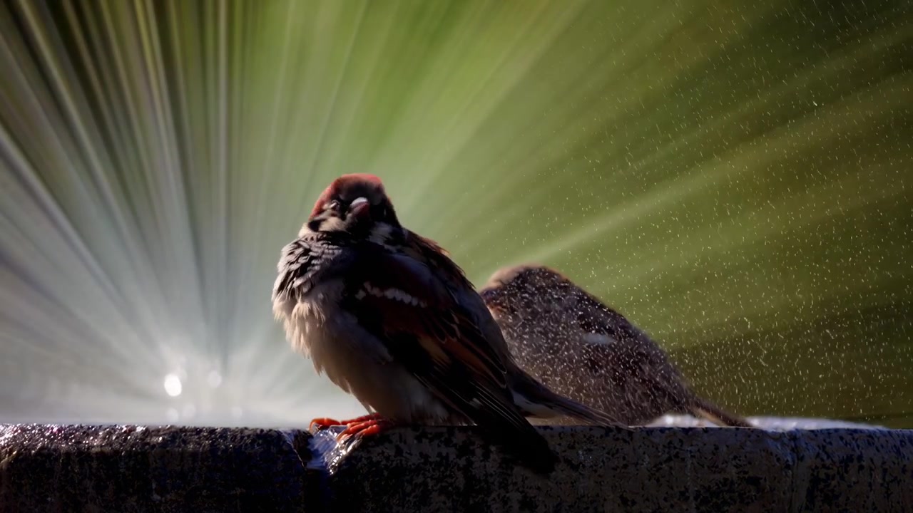 Due passeri che si bagnano e riposano vicino a una fontana da giardino