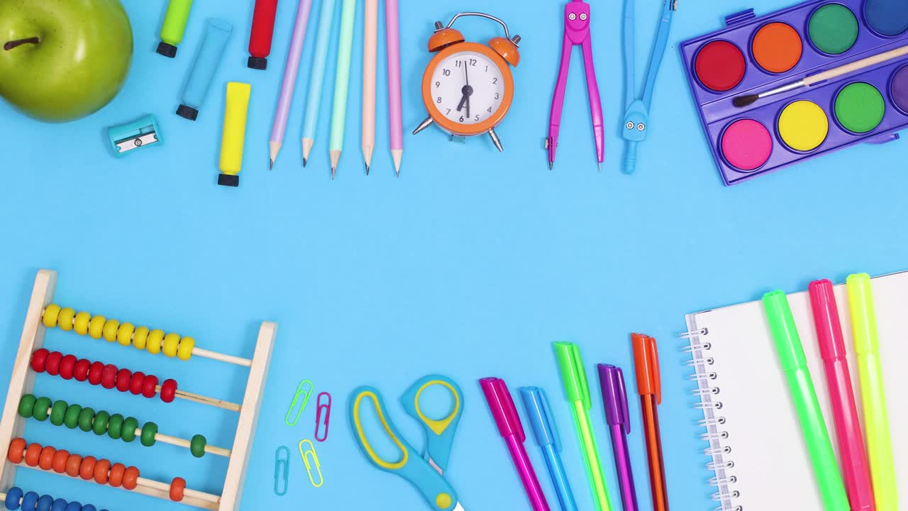 Back to school stationery for children appear on top and bottom of blue theme with copy space. Stop motion