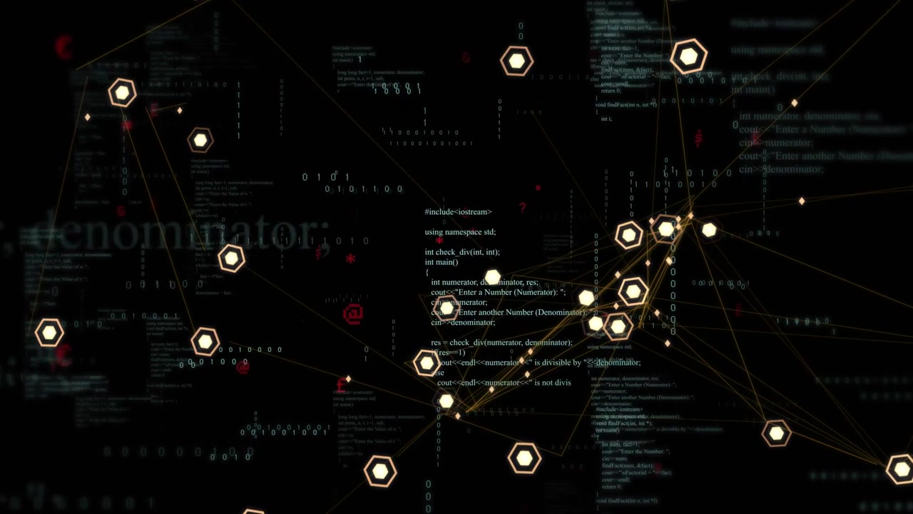 On code signal network clustering, sending hex nodes and data points along lines, showing tech data