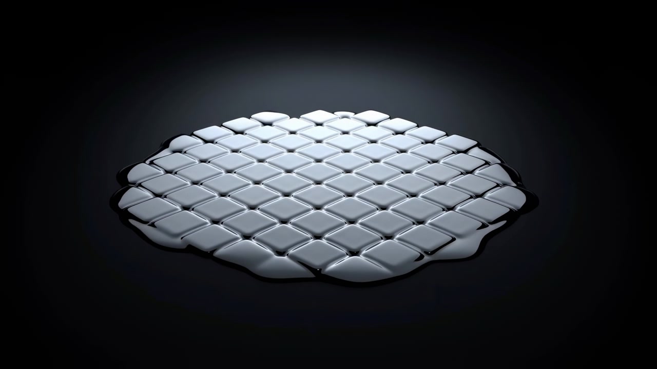 Glossy white square elements progressively expand and settle into a wider patterned disk, with repeating gaps, soft highlights, and centered symmetry against black.
