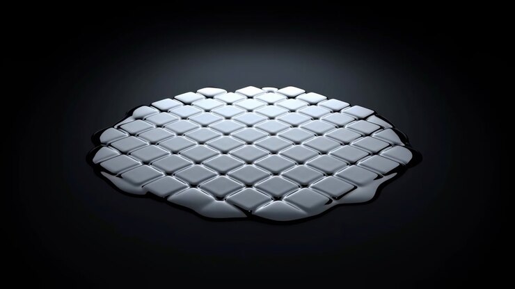 Glossy white square elements progressively expand and settle into a wider patterned disk, with repeating gaps, soft highlights, and centered symmetry against black.